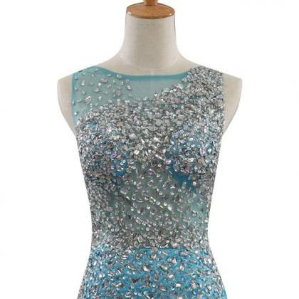 Aqua Sleeveless Mermaid Prom Dress With Rhinestone Embellishment And ...