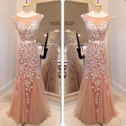 Champagne Scoop Lace Mermaid Appliques Prom Dresses LBQ3696 main image 1