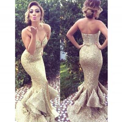 Gold Sweetheart Prom Dresses,Mermaid Prom/Evening Dress,Sweep Train Sequins Prom Dresses