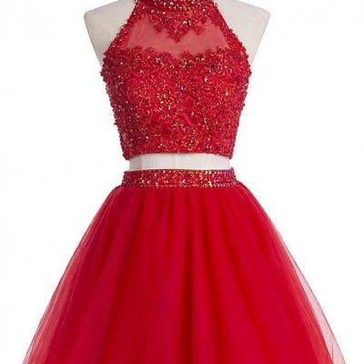 Beading Homecoming Gown,Two-piece Scoop Homecoming Dress,Short Red Organza Homecoming Dress,Sequins Sleeveless Homecoming Gown