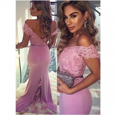  Mermaid Prom Dress,Pink Off-the-Shoulder Evening Dresses,Chiffon Sweep Train Prom Dress With Lace,111043066