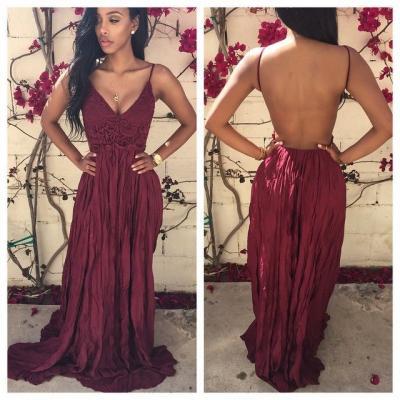Straps Long Burgundy Prom Dress with Open Back