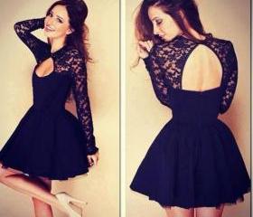 Long Sleeve Black Tight Lace Sexy Charming Unique Style Homecoming Prom ...