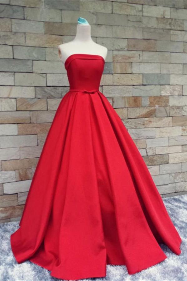 Modest Light Red Strapless Long Beautiful Handmade Satin Prom Dresses K174 Modest Light Red Strapless Long Beautiful Handmade Satin Prom Dresses K174