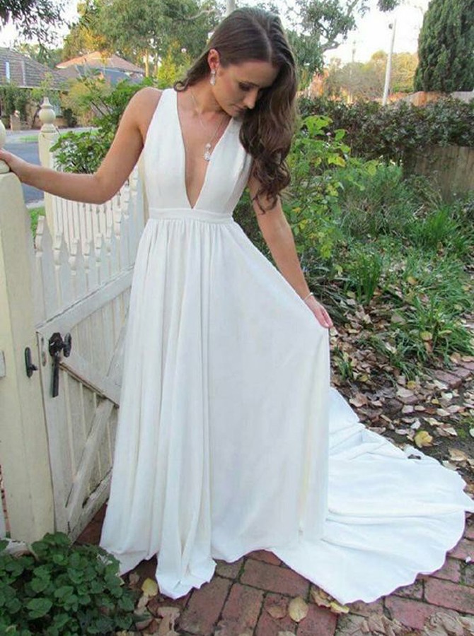 white v neck prom dress