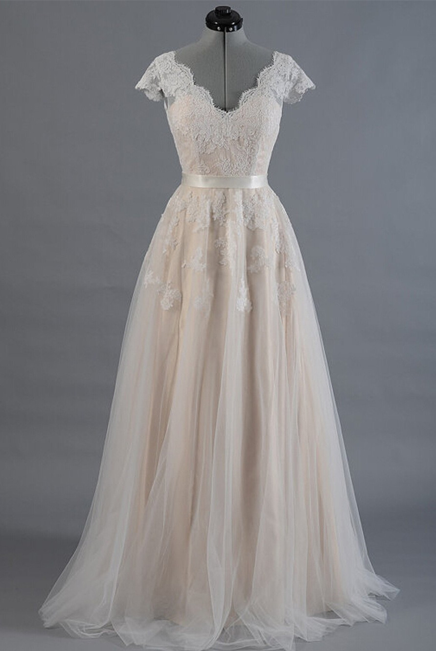 Cap Sleeves Wedding Dress A Line Wedding Dress V Neck Wedding