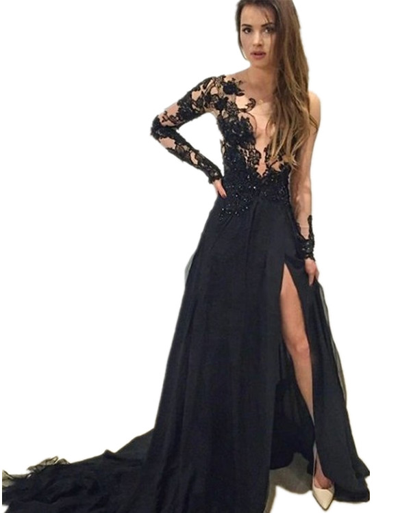 Sleeve Lace Prom Dresses,Mermaid Prom Dresses,Black V-Neck Prom Dress ...