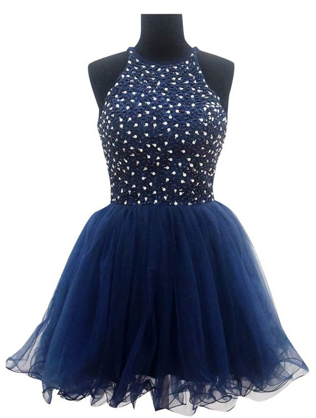Navy Blue Short Halter Dress With Sequin Embellishment on Luulla