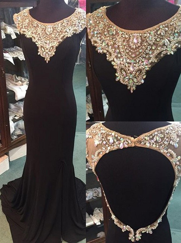 Black Prom Dresses With Beading,Timeless Sheath Scoop Court Train Chiffon Prom/Evening Dress 