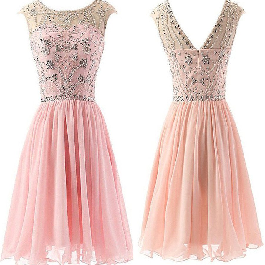 Blush Pink Beaded Chiffon Cute Graduation Dresses, Prom