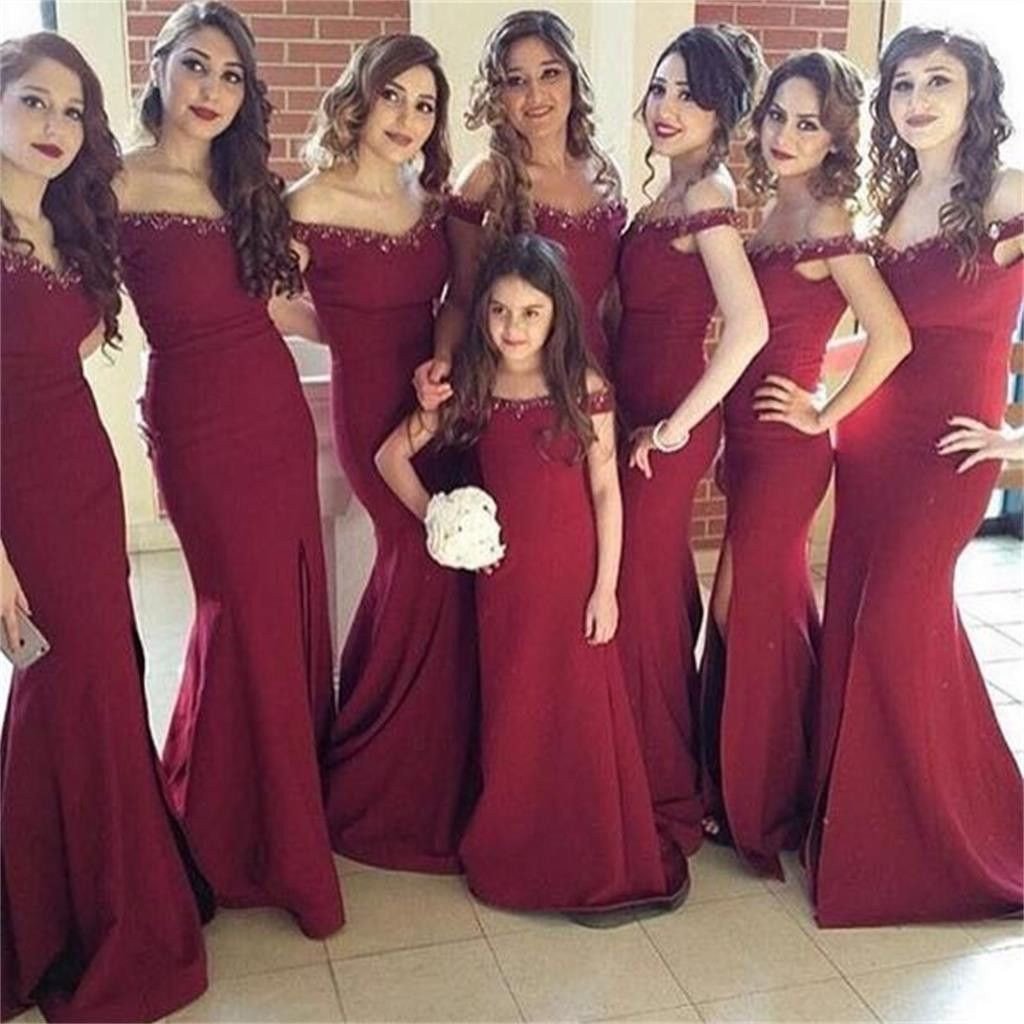 Maroon Off Shoulder Long Mermaid Side Beaded Bridesmaid Dresses Maroon Off Shoulder Long Mermaid Side Beaded Bridesmaid Dresses Pd0240