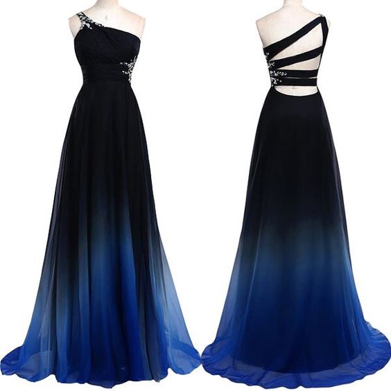 Navy Blue Gradient Long Prom Dresses One Shoulder Royal Blue Ombre