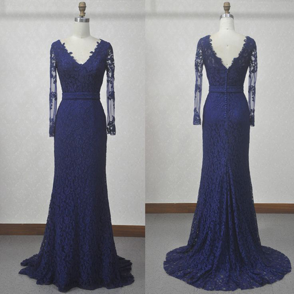 navy blue lace prom dress