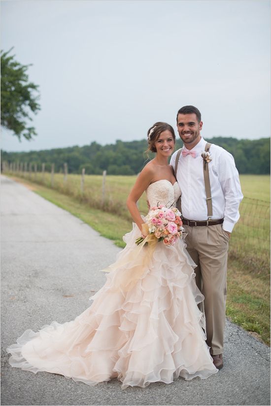 A New Country Chic Wedding Dress Pale Pink Long Ruffles Lace