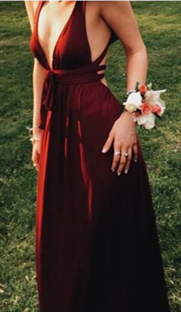 Sexy Burgundy Deep V Neck Sleeveless Floor Length Backless Prom