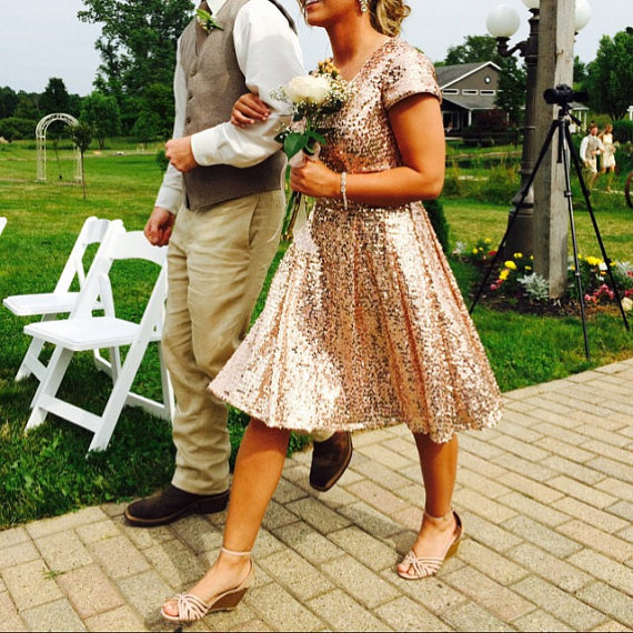 Short Sleeves Rose Gold Sequin Bridesmaid Dresses Short Sleeves Rose Gold Sequin Bridesmaid Dresses V Neck