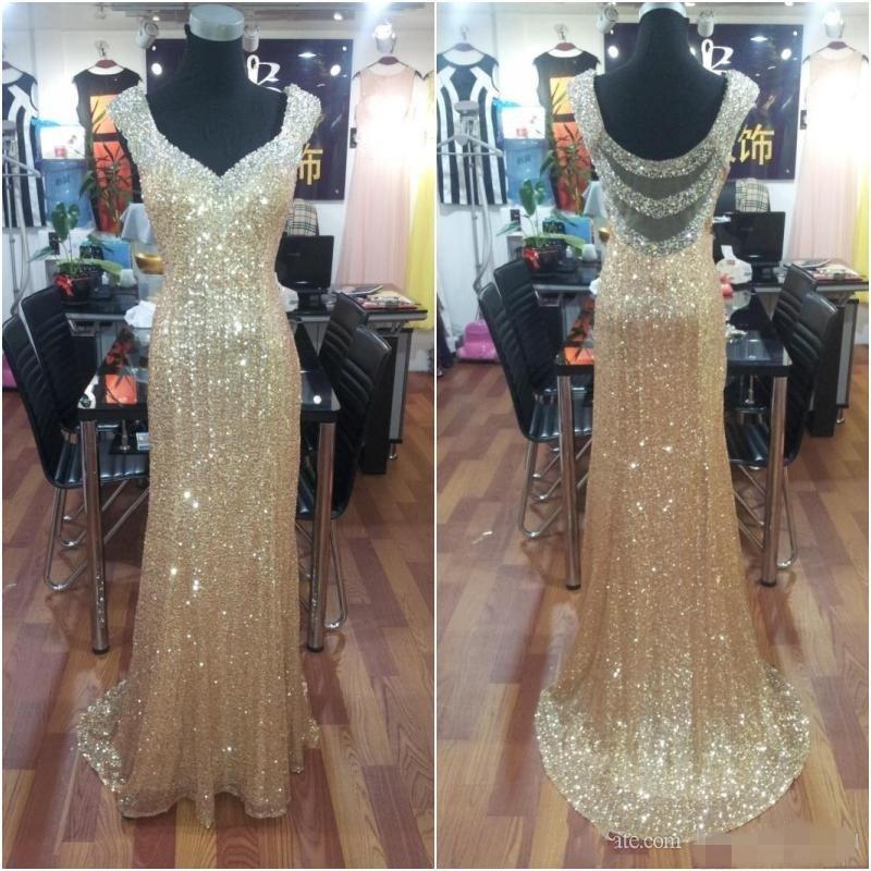 gold sequin prom dress long