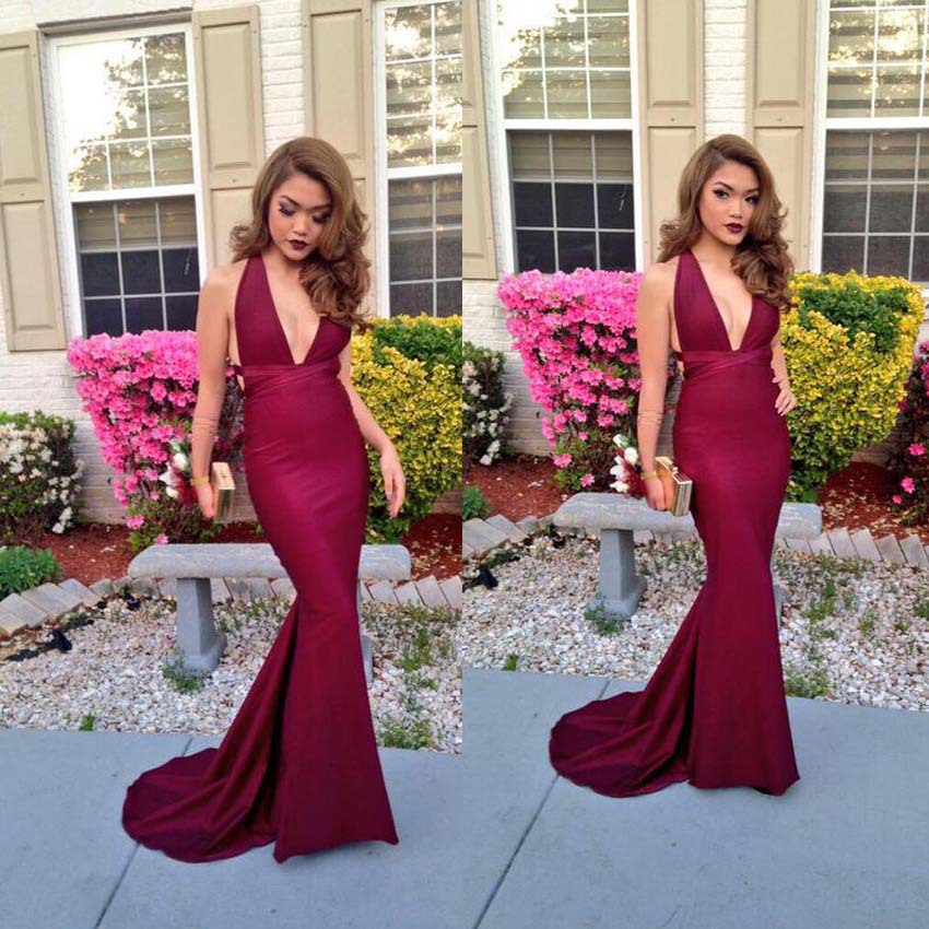 Wine Red Halter Backless Prom Dress