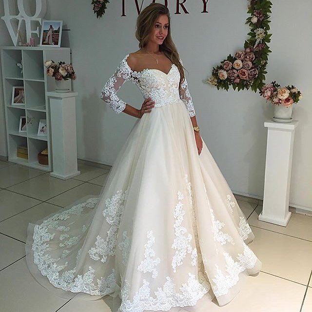 Gorgeous A-line Three Quarter Sleeves White Lace Wedding Dress on Luulla