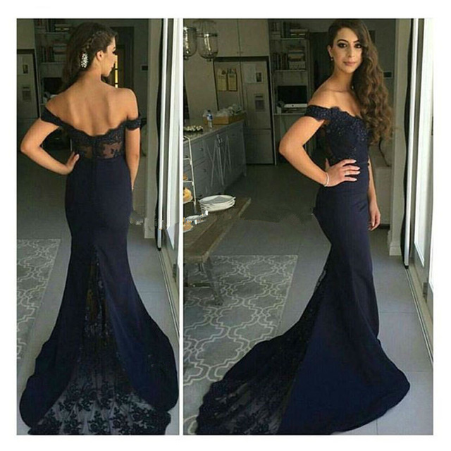 navy blue off the shoulder prom dress