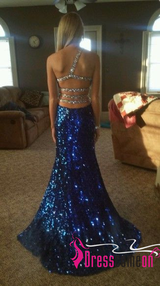 Sequin Royal Blue Prom Dresses With Slit Backless Open Back Fitted