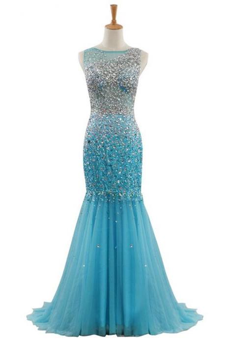 Aqua Sleeveless Mermaid Prom Dress With Rhinestone Embellishment And Sheer Back