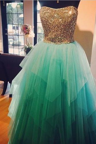 Turquoise Prom Dress Ball Gown Strapless Neckline With Gold Bead Bodice Tulle Long Evening Dresses Sweet 16 Gowns