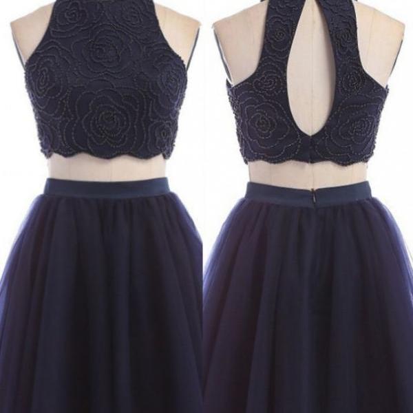 Dark Blue Dresses ZipperUp Sleeveless ALine/Column Jewels