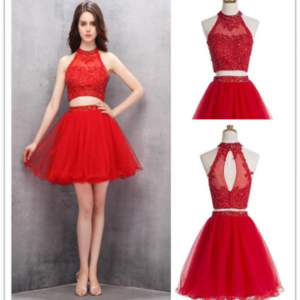 Beading Homecoming Gown,Two-piece Scoop Homecoming Dress,Short Red ...