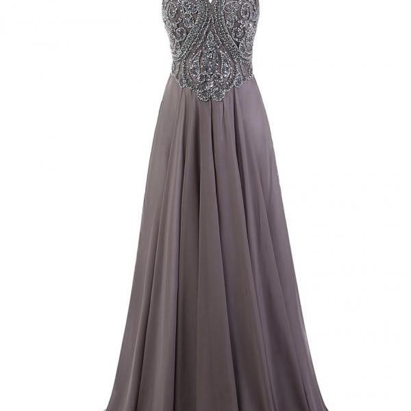 Grey Floor Length Chiffon A-line Prom Dress Featuring Beaded ...