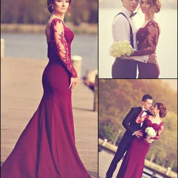 Burgundy Crew Sweep-length Mermaid Formal Dresses