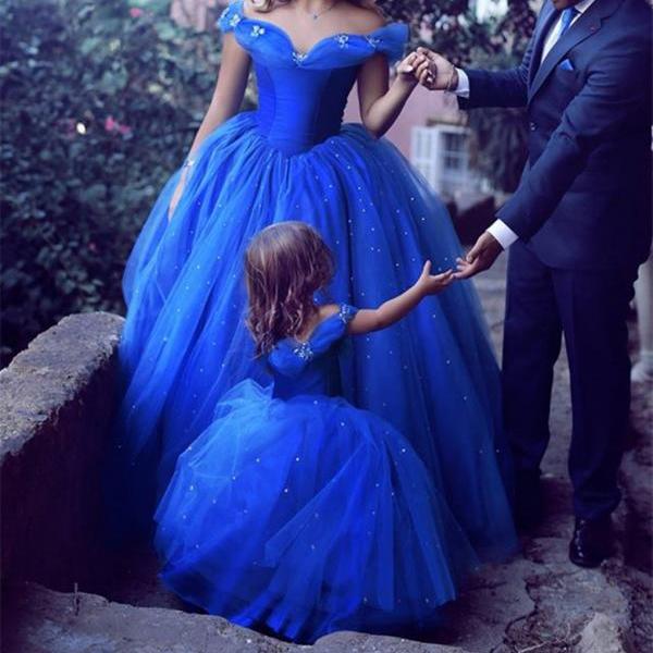 Royal Blue Sparkle Off Shoulder Ball Gown Wedding Dresses, Flower Girl ...