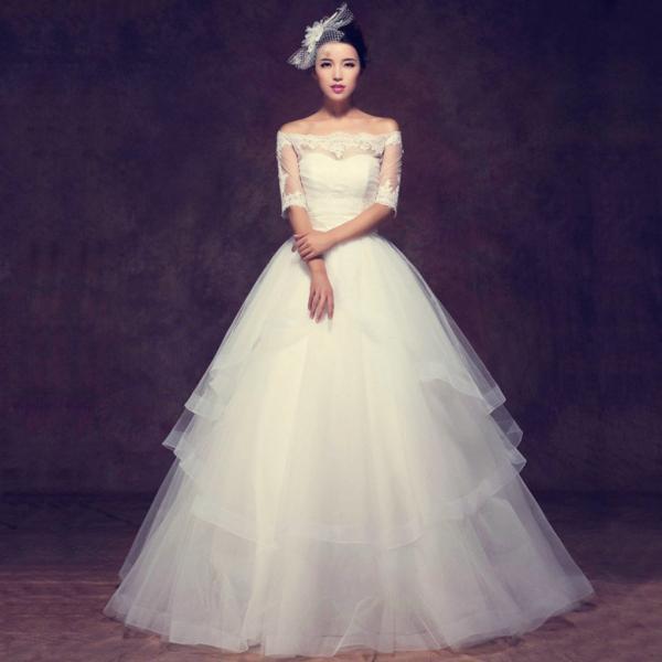 Gorgeous Off Shoulder Half Sleeve Ball Gown See Through Lace Wedding