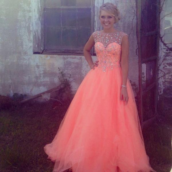 2017 New Cheap Ball Gown Scoop Cap Sleeved Tulle Coral Long Prom Dress
