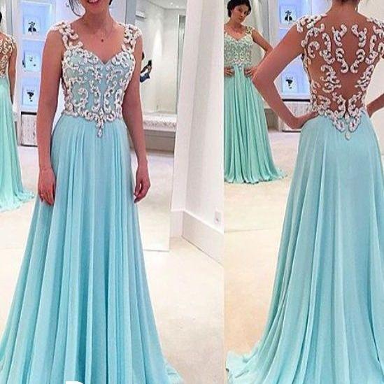 Design White Lace Sky Blue Long Prom Dresses,a Line Princess Prom Dress ...