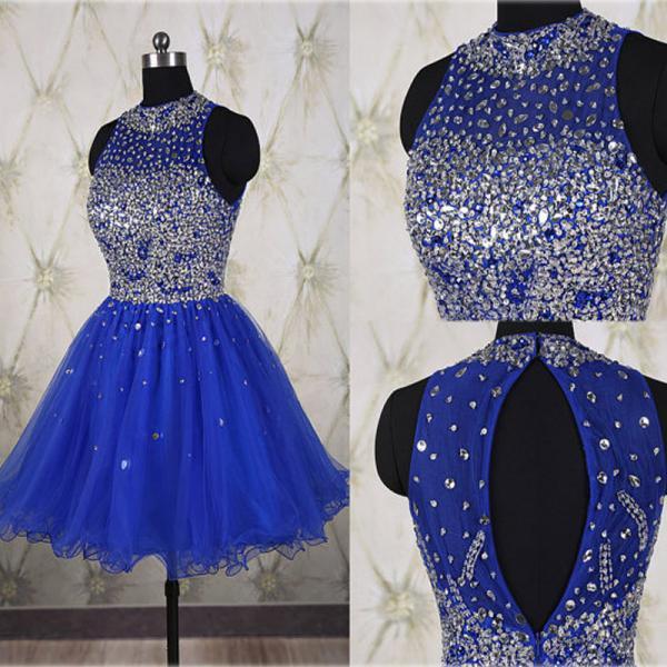 Navy Blue Sleeveless Short Homecoming Dress,Prom Dress with Rhinestones –  Simibridaldresses