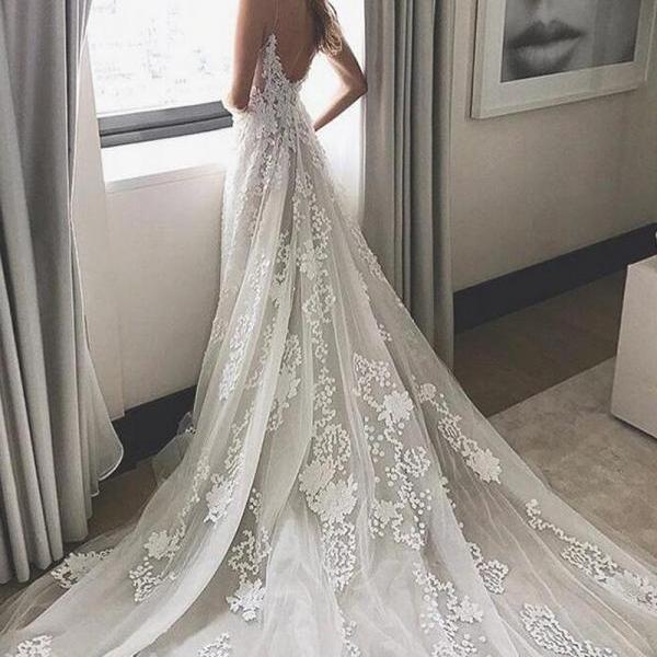 2017 Wedding Dress, White Lace Long Wedding Dress, Bridal Gown on Luulla