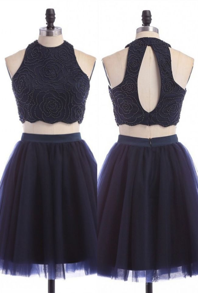 Dark Blue Dresses ZipperUp Sleeveless ALine/Column Jewels