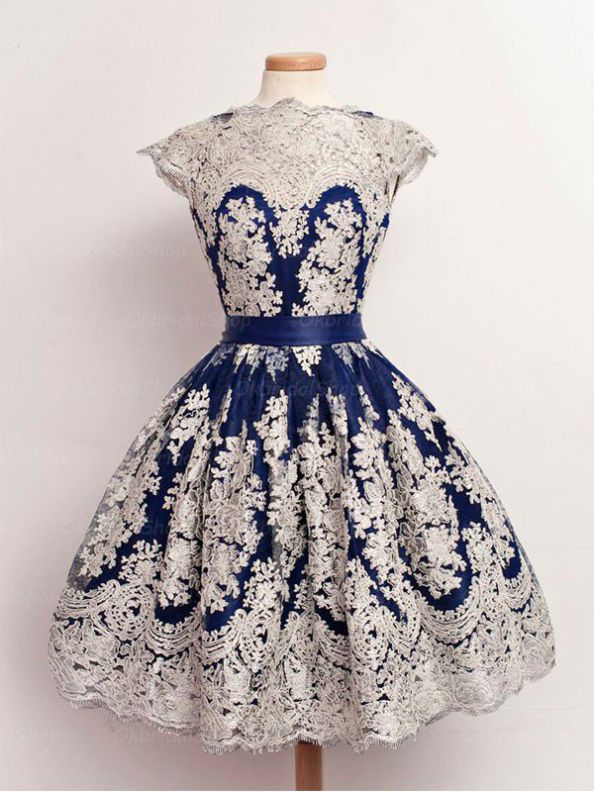 Dark Blue Dresses ZipperUp Capped Sleeves ALine/Column O