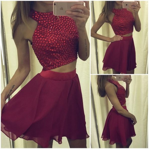 Open Back Chiffon Dresses with Deep V-neck Fuchsia