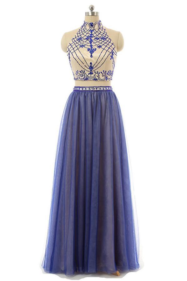 Blue Halter Long Beading 2 Pieces Open Back Prom Dresses K104 on Luulla