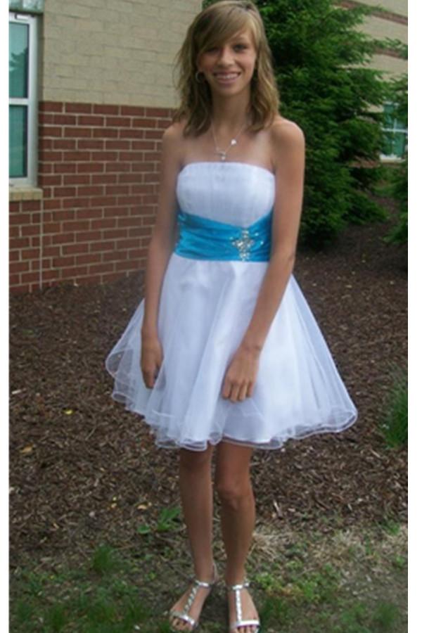 White Strapless Short Handmade Cute Classy Homecoming Dresses With Blue ...