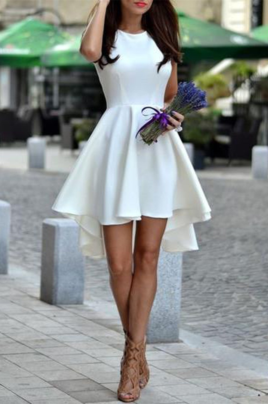 Sleeveless Fit And Flare Little White Dress With High-low Hem on Luulla
