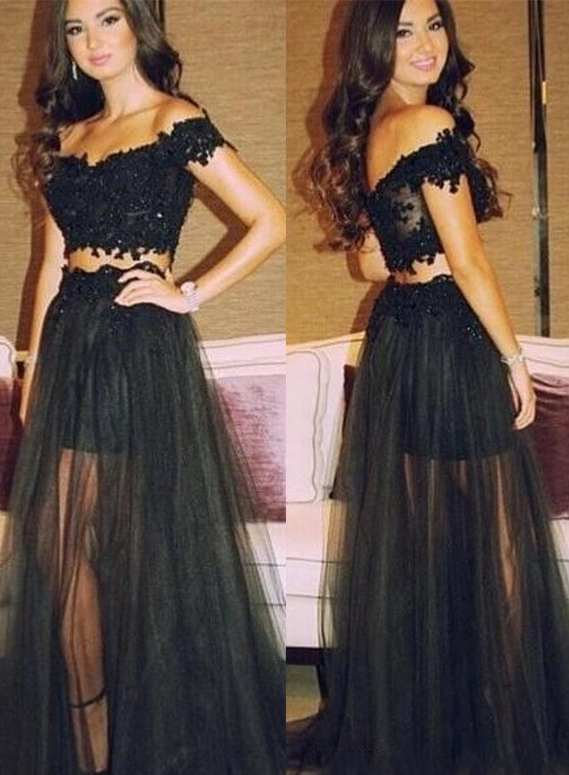Sexy Black Lace Two Pieces Long Sleeves A-Line Long Prom Dresses, PD0966