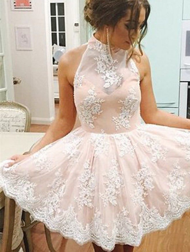 Lace Homecoming Dresses,Dramatic A-line Homecoming Gown,High Neck Homecoming Dress,Above-knee 