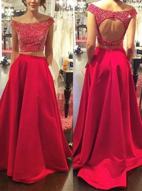 Two Piece Red Prom Dress,a-line Off-the-shoulder Prom Dress,satin Sweep ...