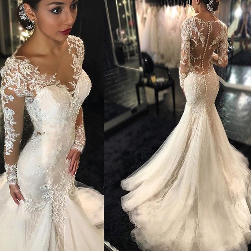 Luxury See Through Long Sleeve Sexy Mermaid Lace Tulle Wedding Dresses ...