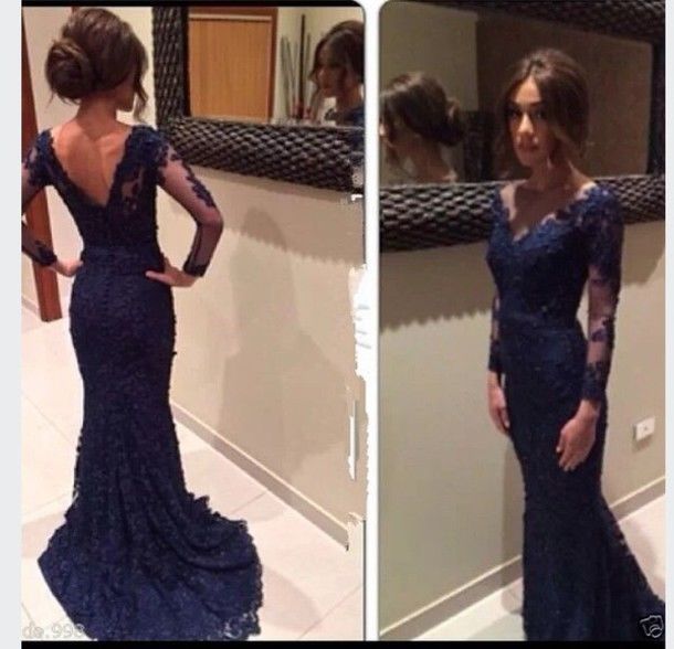 2017 Navy Blue Evening Dress With Sheer Long Sleeves Mermaid Prom Dress ...