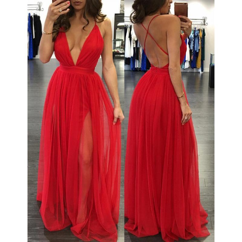 Sexy Deep V Neck Long Red Prom Dress Party Dress With Side Slit on Luulla